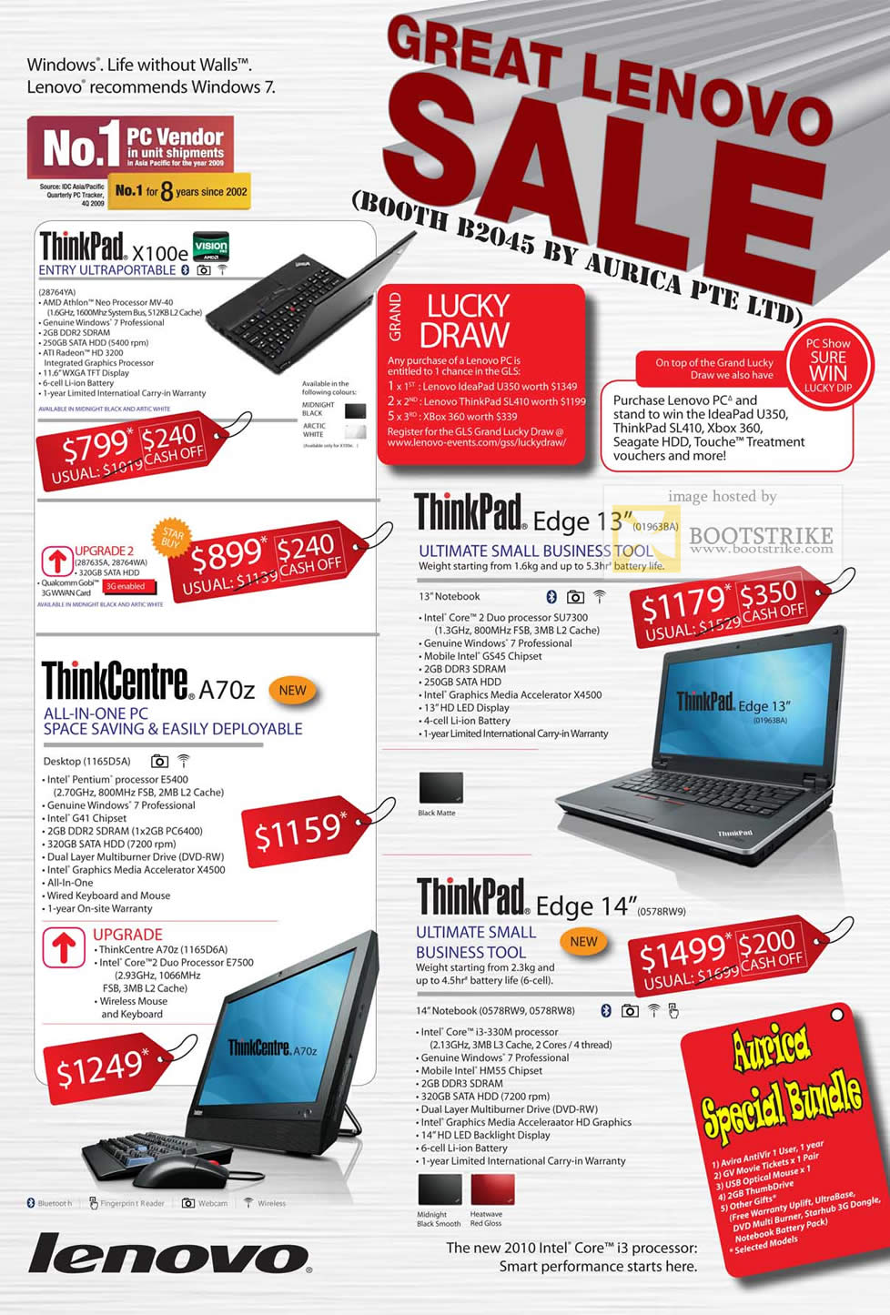 PC Show 2010 price list image brochure of Aurica Lenovo ThinkPad Notebooks Desktop X100e Edge A70z 14