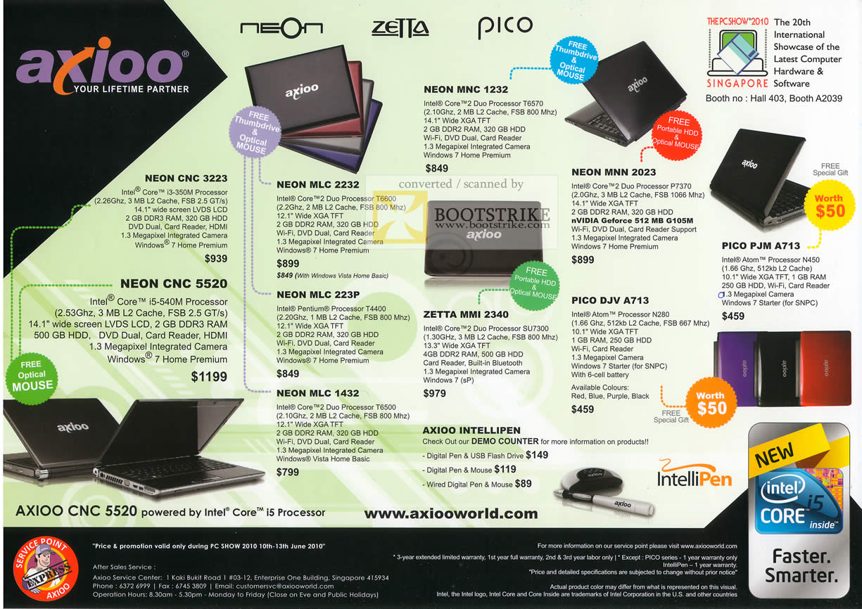PC Show 2010 price list image brochure of Axioo Notebooks Neon Zetta Pico CNC 3223 5520 MLC 2232 223P 1432 1212 2340 Intellipent MNN 2023 Pico Djv A713 PJM A713
