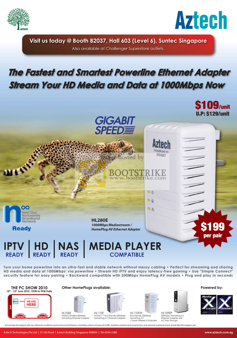 PC Show 2010 price list image brochure of Aztech Gigabit Powerline HL280E HomePlug Ethernet Adapter