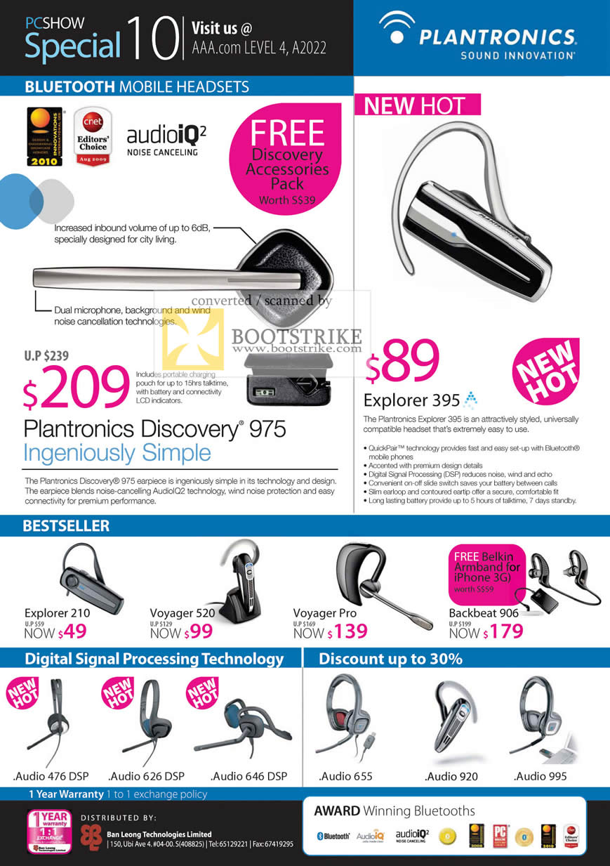 PC Show 2010 price list image brochure of Ban Leong Plantronics Bluetooth Mobile Headset Discovery 975 Explorer 395 210 520 906 Audio DSP