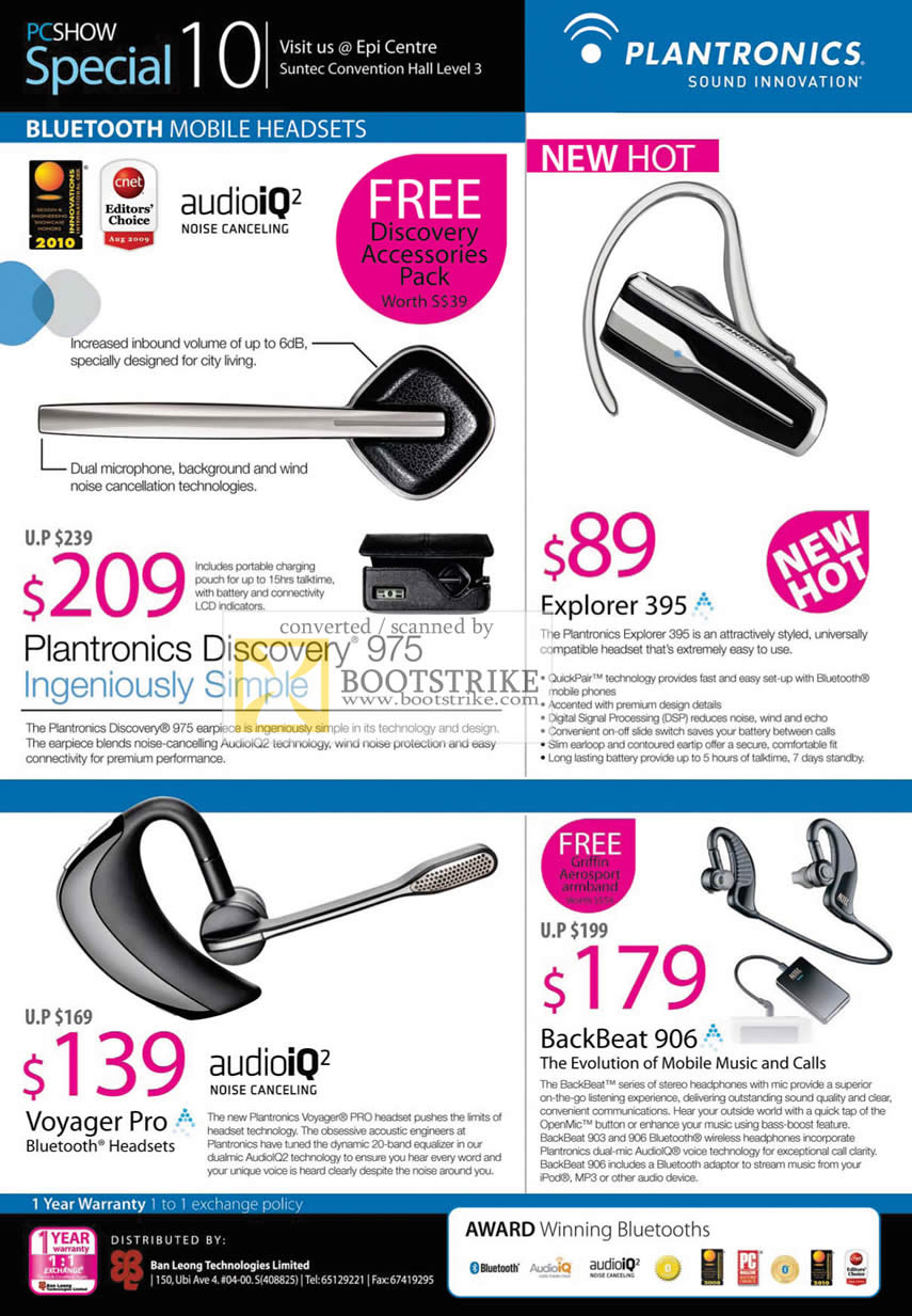 PC Show 2010 price list image brochure of Ban Leong Plantronics Bluetooth Mobile Headset Discovery 975 Explorer 395 Voyager Pro BackBeat 906