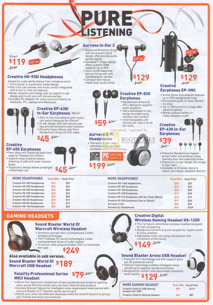 PC Show 2010 price list image brochure of C20 Corp Creative Aurvana Earphones HS 930i EP 830 3NC 630i Gaming Headset World Of Warcraft USB Arena Fatal1ty