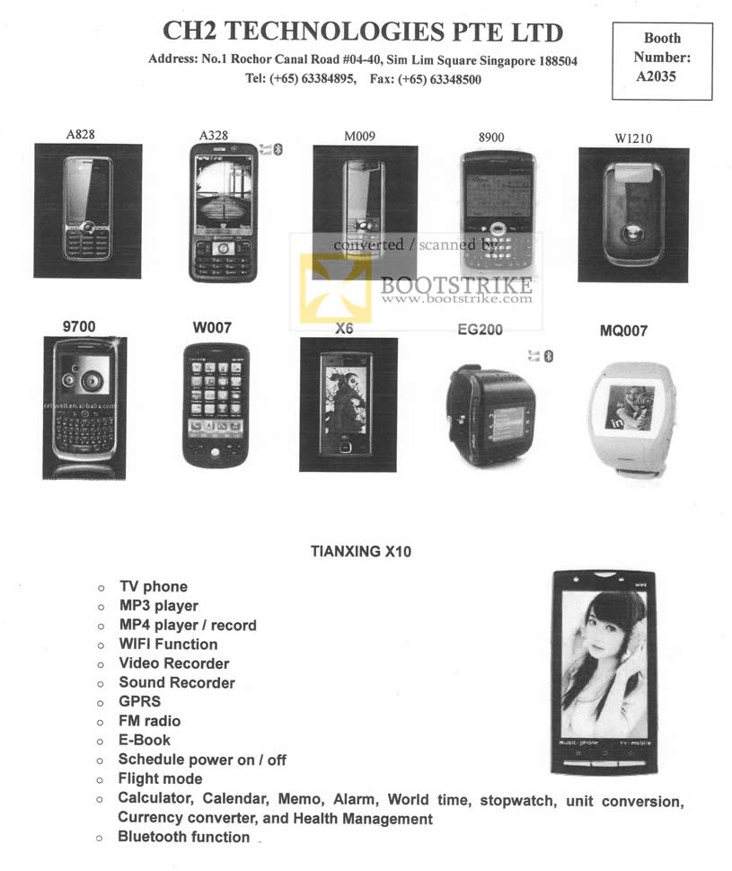 PC Show 2010 price list image brochure of CH2 Technologies Mobile Phones TianXing X10 A828 A338 M009 8900 W1210 9700 W007 X6 EG200 MQ007