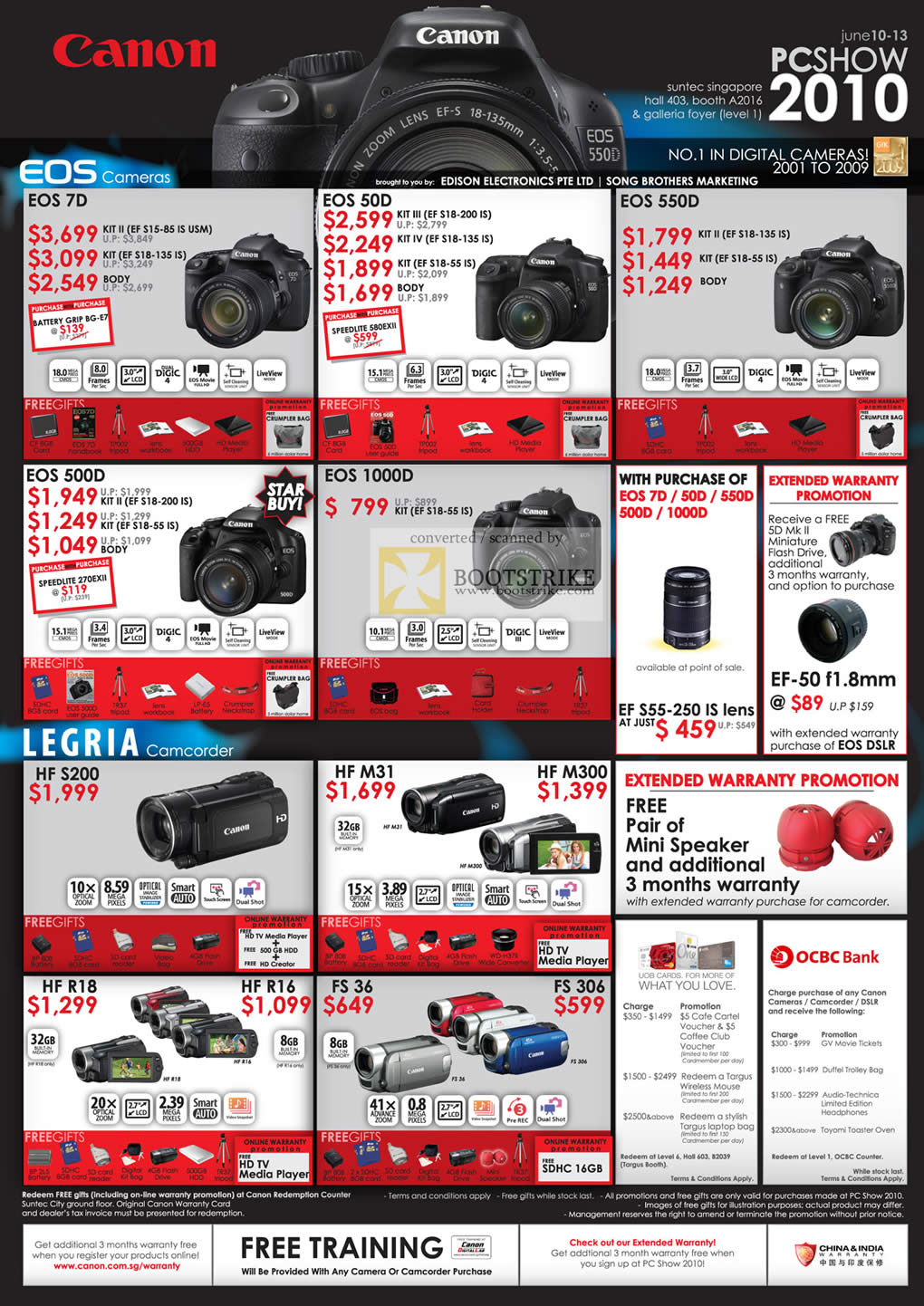 PC Show 2010 price list image brochure of Canon Digital Cameras DSLR EOS 7D 50D 550D 500D 1000D Legria Camcorder HFS200 HF M31 HF R18 FS 36