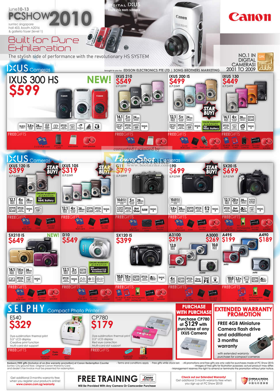 PC Show 2010 price list image brochure of Canon Digital Cameras Ixus 300 HS 120 IS SX210 Selphy Photo Printer ES40 CP780