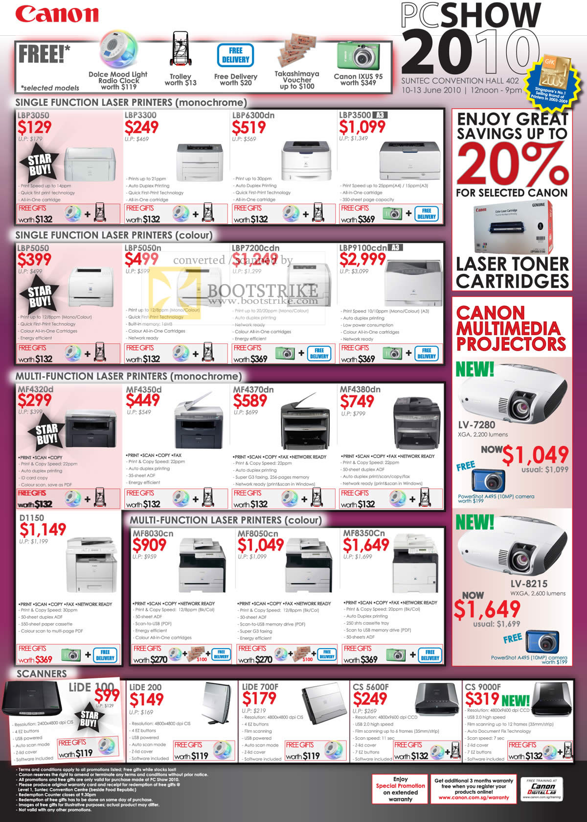 PC Show 2010 price list image brochure of Canon Laser Printers LBP3050 LBP5050 MF4320d Colour Monochrome MF8030cn Scanner Lide 100 CS 9000F