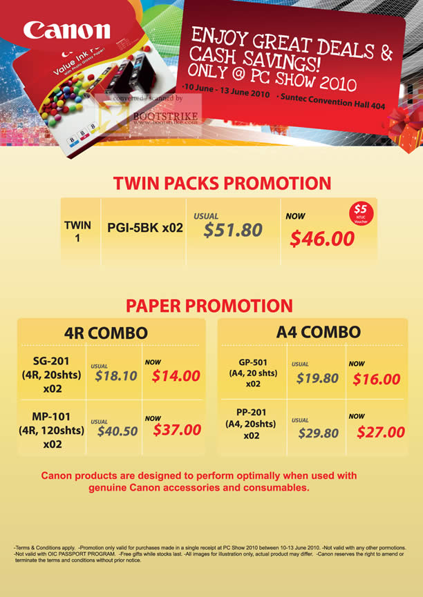 PC Show 2010 price list image brochure of Canon Paper Twin Packs Promotion PGI 5BK SG 201 MP 101 GP 501 PP 201