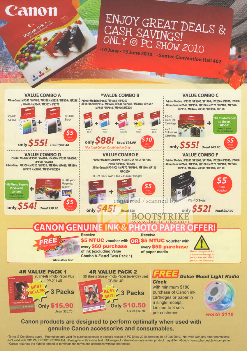 PC Show 2010 price list image brochure of Canon Value Combos Ink Cartridges Photo Paper Plus PP201 GP 501 4R