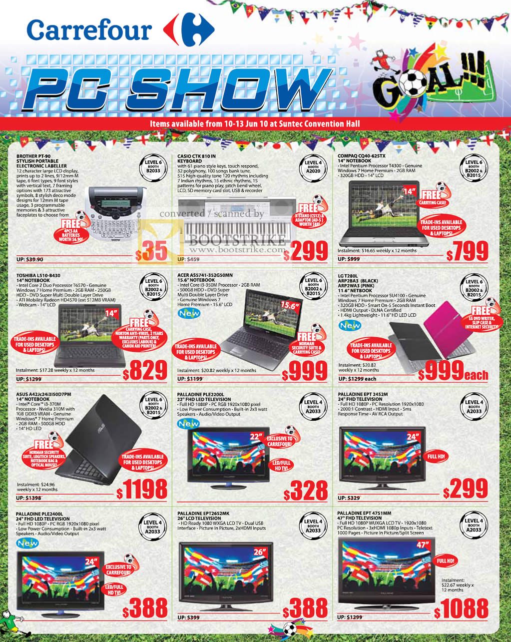PC Show 2010 price list image brochure of Carrefour Brother Portable Labeller Casio Keyboard Compaq Notebook Toshiba Acer LG ASUS Palladine LCD TV