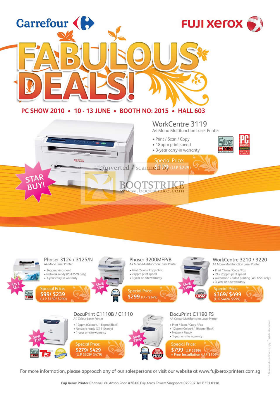 PC Show 2010 price list image brochure of Carrefour Fuji Xerox Laser Printers Phase 3119 3124 3200MFP WorkCentre 3210 3220 DocuPrint C1110B C1110 C1190