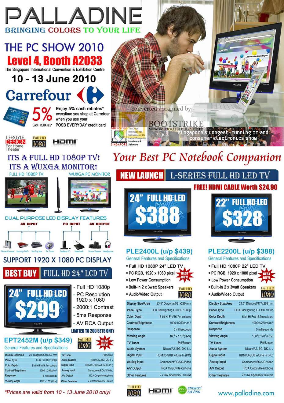 PC Show 2010 price list image brochure of Carrefour Palladine LCD LED TV Monitor L Series EPT2452M PLE2400L PLE2200L