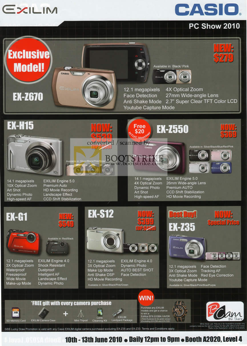 PC Show 2010 price list image brochure of Casio Digital Cameras EX Z670 H15 Z550 G1 S12 Z35