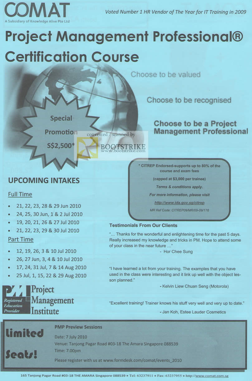 PC Show 2010 price list image brochure of Comat Project Management Professional Certification Course PMP