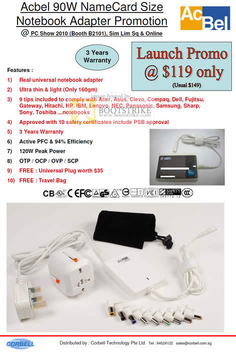 PC Show 2010 price list image brochure of Corbell Acbel 90W Universal Notebook Adapter