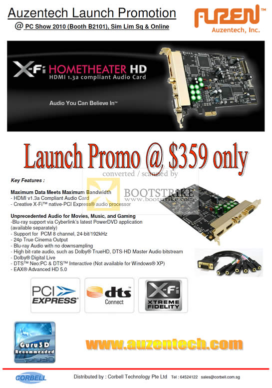 PC Show 2010 price list image brochure of Corbell Auzentech X Fi PCIe HomeTheater HD HDMI Audio Sound Card