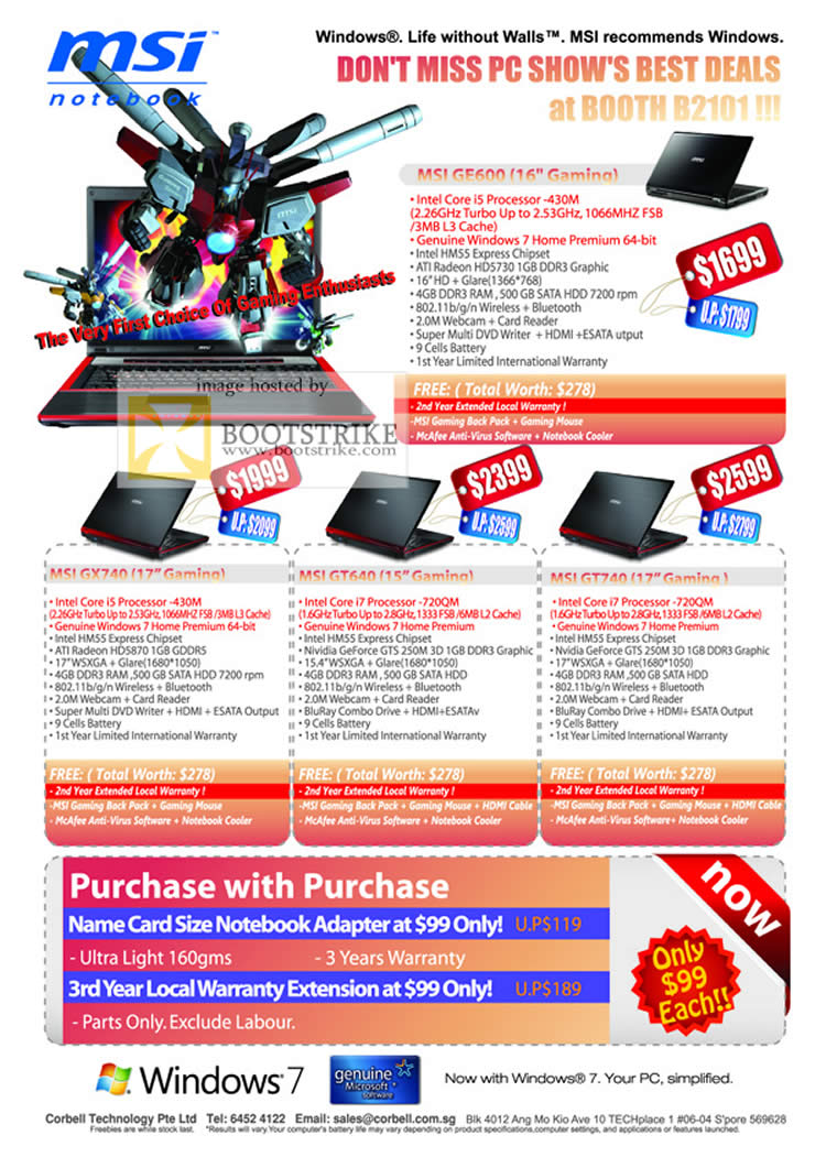 PC Show 2010 price list image brochure of Corbell MSI Gaming Notebooks GE600 GX740 GT640 GT740