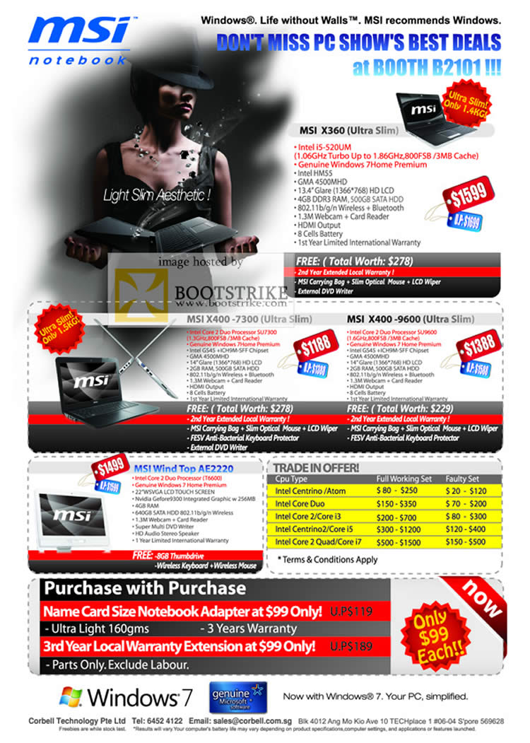 PC Show 2010 price list image brochure of Corbell MSI Notebooks X360 X400 7300 9600 Wind Top AE2220 Trade In