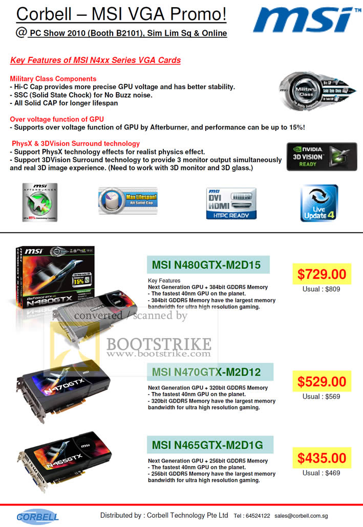 PC Show 2010 price list image brochure of Corbell MSI VGA Graphic Cards N480GTX M2D15 N470GTX M2D12 N465GTX M2D1G