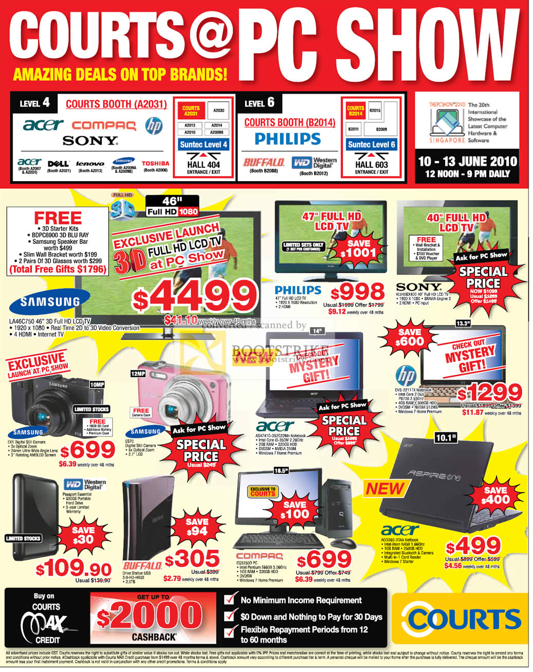 PC Show 2010 price list image brochure of Courts Acer Compaq Sony Dell HP Buffalo Samsung Notebooks LCD TV Digital Cameras WD Desktop PC Netbooks