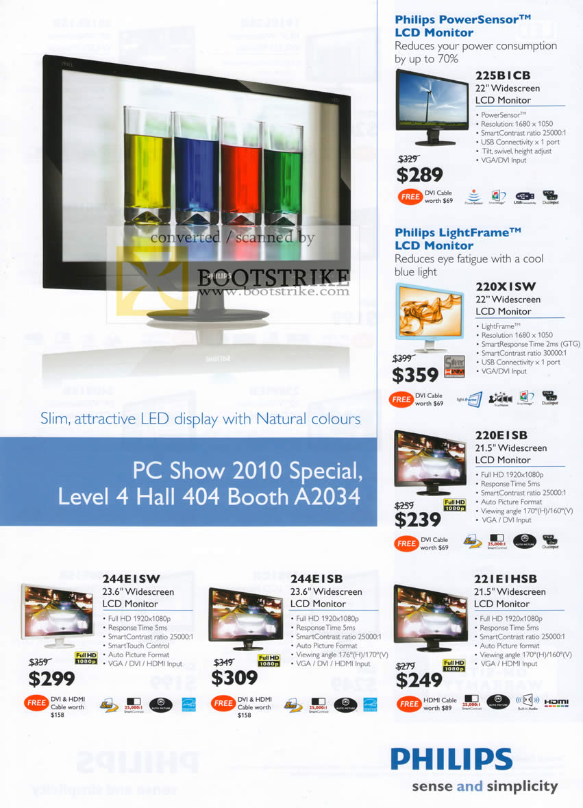 PC Show 2010 price list image brochure of DMC Philips PowerSensor LCD Monitor LightFrame 225BICB 220XISw 220EISB 244EISW 244EISB 221EIHSB