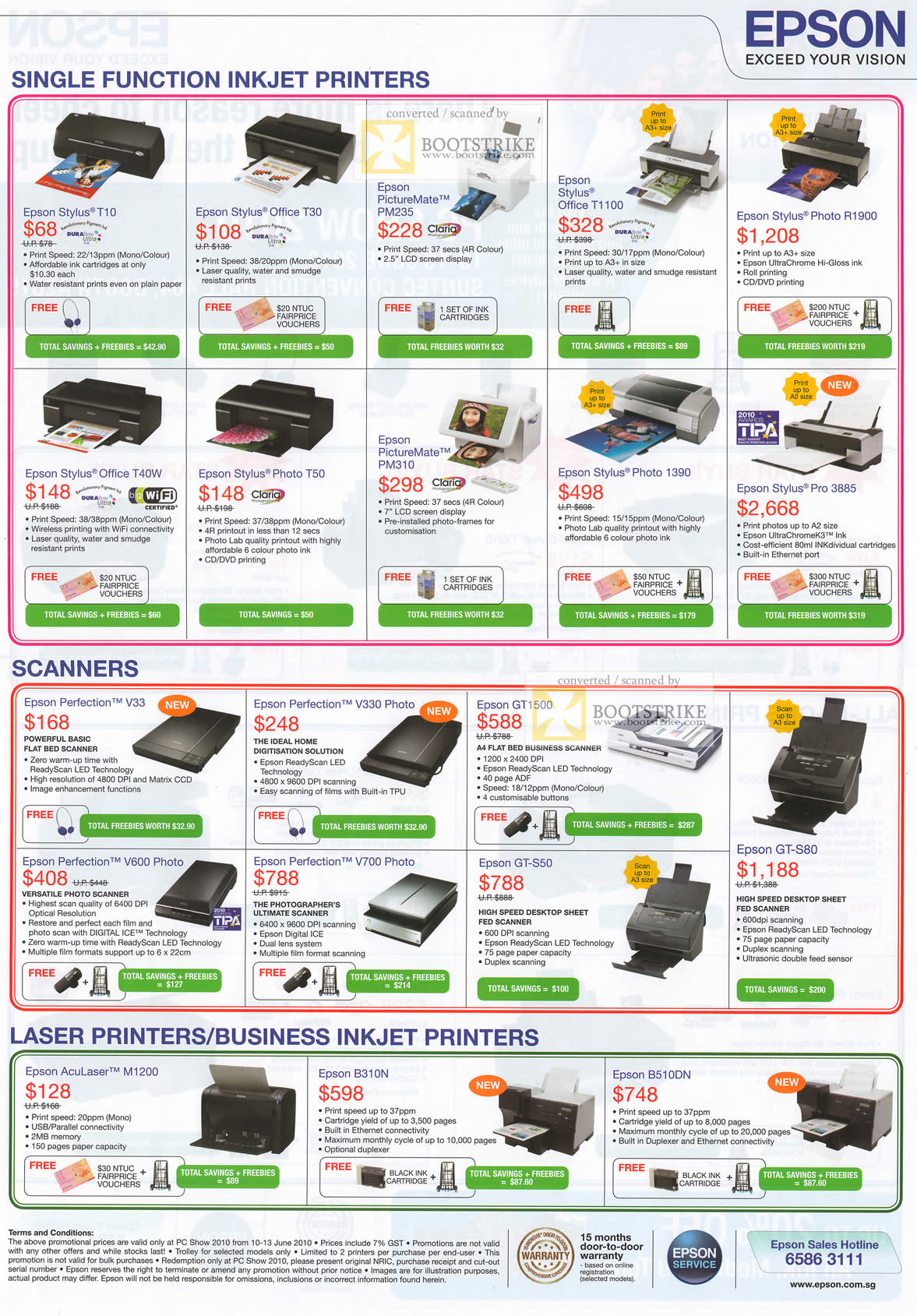 PC Show 2010 price list image brochure of Epson Inkjet Printers Stylus T10 T30 PictureMate PM235 Office Photo Scanners Perfection V330 GT1500 Laser Business AcuLaser