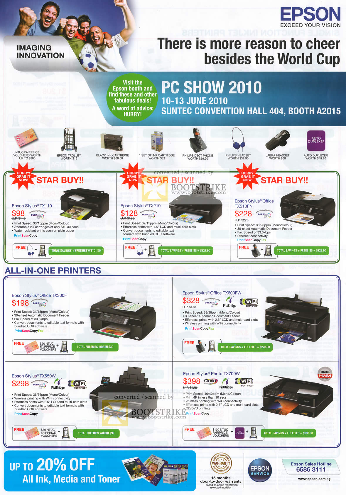 PC Show 2010 price list image brochure of Epson Printers Stylus TX110 TX210 TX510FN Office AIO TX300F TX600FW TX550W TX700W