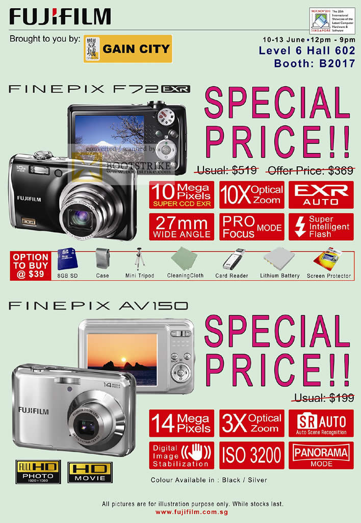 PC Show 2010 price list image brochure of Gain City FujiFilm Digital Cameras FinePix F72 AV150