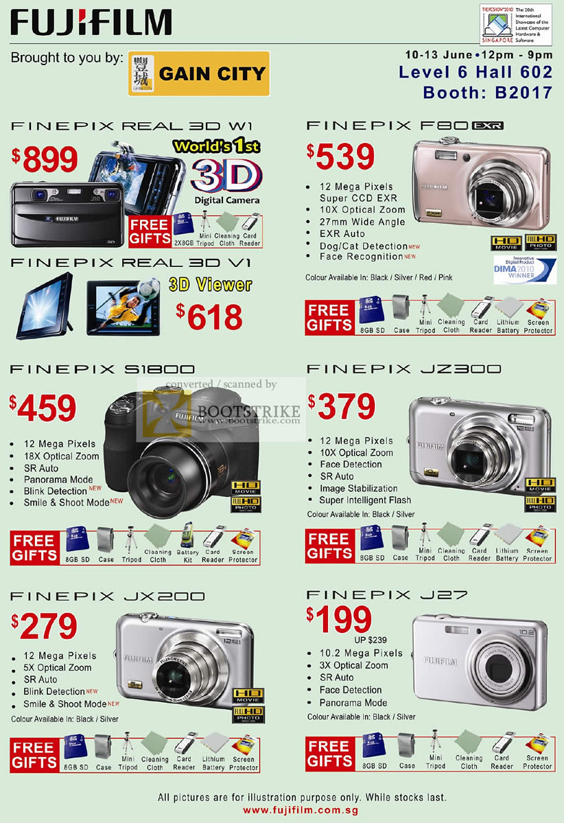 PC Show 2010 price list image brochure of Gain City FujiFilm Digital Cameras Finepix Real 3D W1 V1 F80 S100 JZ300 JX200 J27