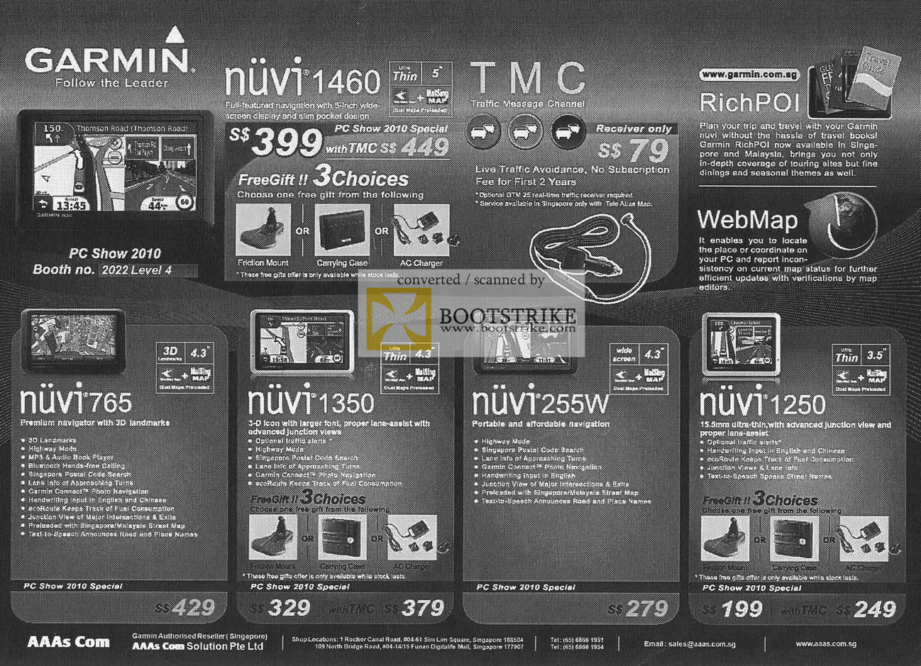 PC Show 2010 price list image brochure of Garmin GPS Nuvi 1460 765 1350 255W 1250 AAAs Com