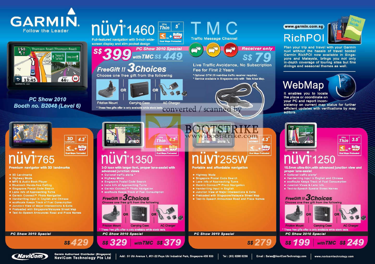 PC Show 2010 price list image brochure of Garmin GPS Nuvi 1460 765 1350 255W 1250 NaviCom Technology Rich POI WebMap