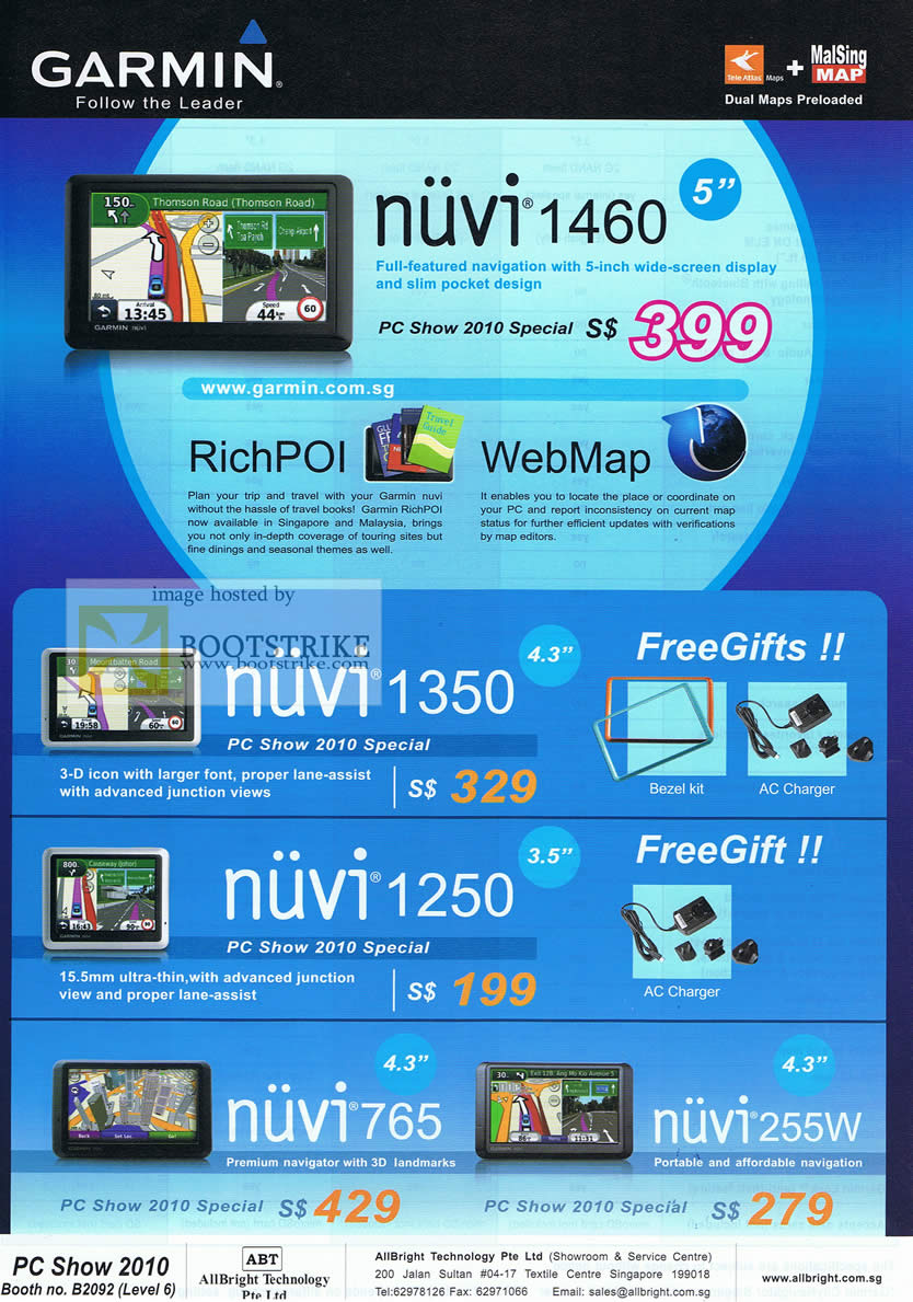 PC Show 2010 price list image brochure of Garmin Nuvi 1460 RichPOI WebMap 1350 1250 765 255W AllBright Technology