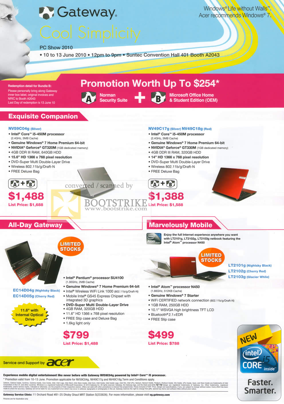 PC Show 2010 price list image brochure of Gateway Notebooks NV59C04g NV49C17g EC19D04g EC14D05g LT2101g LT2102g LT2103g