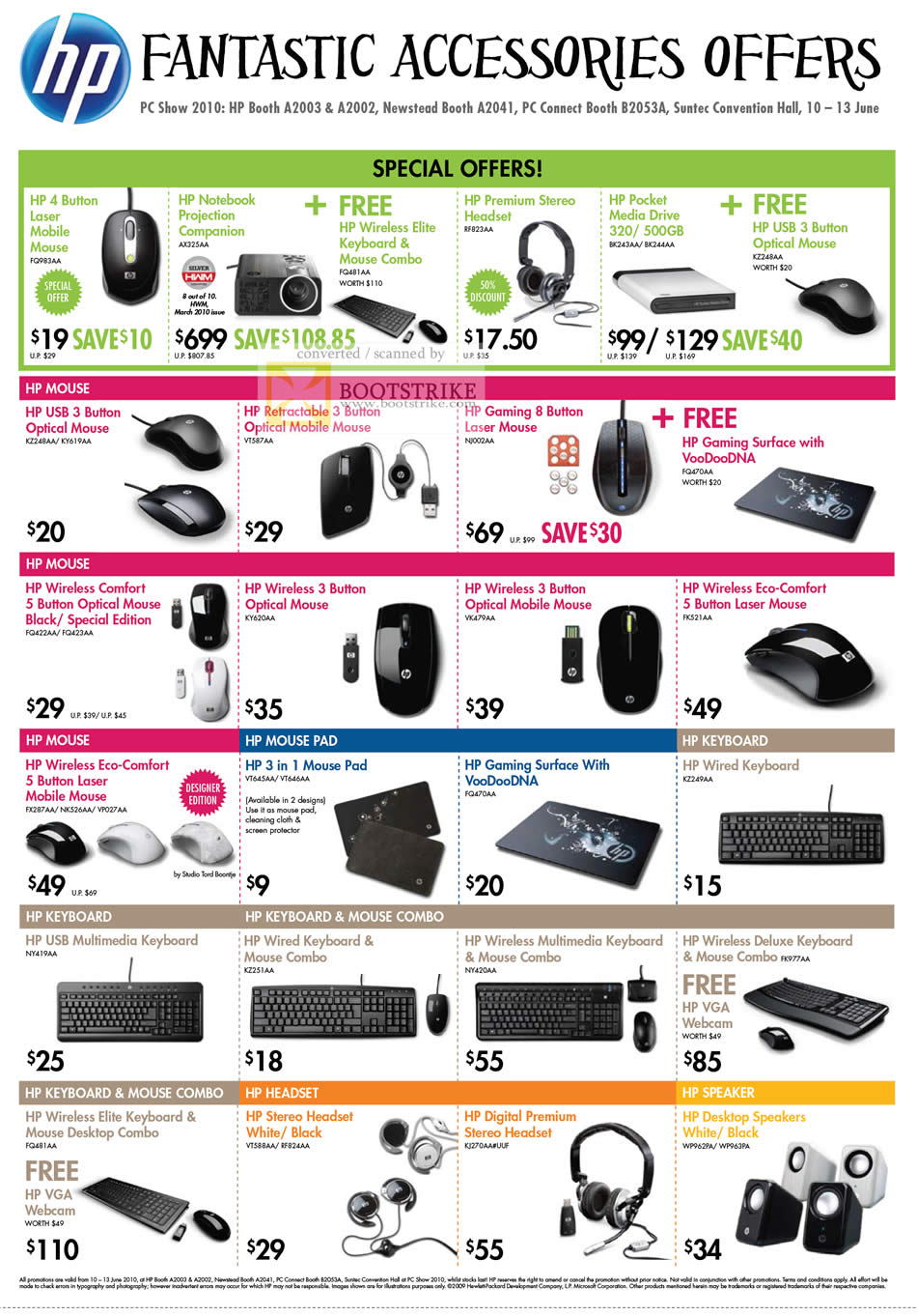 PC Show 2010 price list image brochure of HP Accessories Mouse Wireless COmfort Laser Mousepad Keyboard Headset Speaker