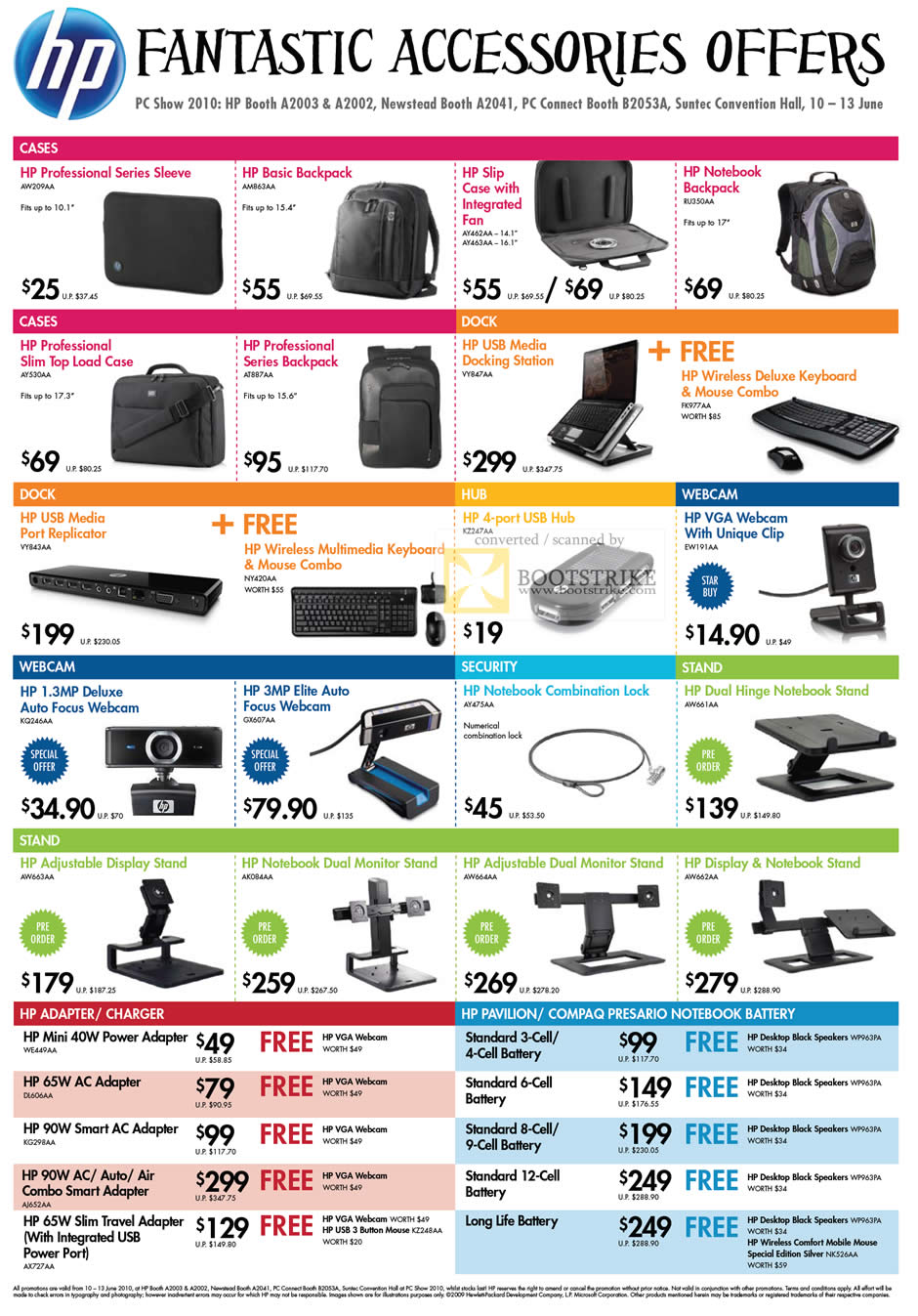 PC Show 2010 price list image brochure of HP Accessories Sleeve Backpack Docking Keyboard Webcam Stand Hub Adapter Charger Battery
