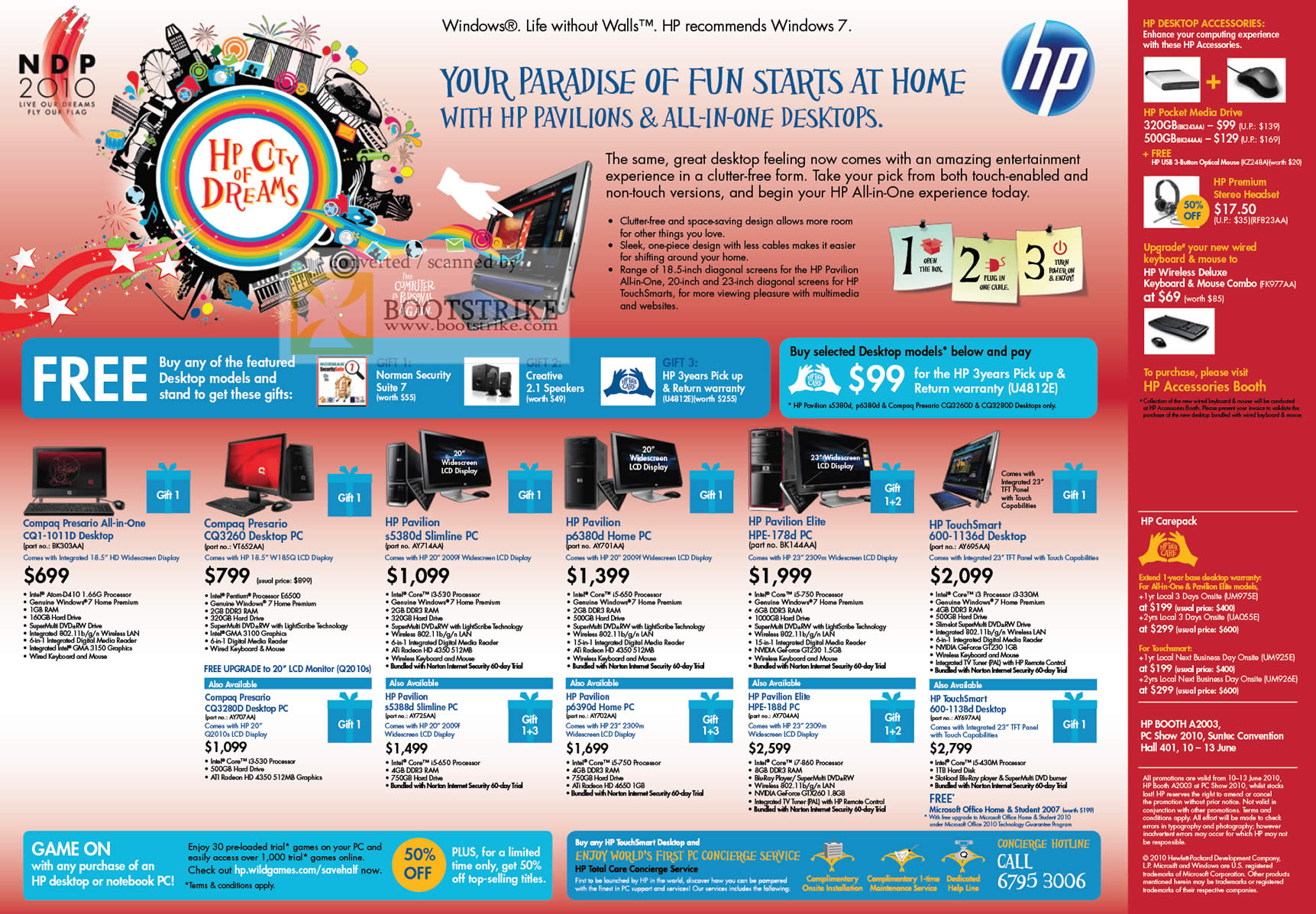 PC Show 2010 price list image brochure of HP Compaq Presario Desktop CQ1 1011D CQ3260 S5380d Slimline PC P6380d Elite Hpe 178d TouchSmart 600 1136d