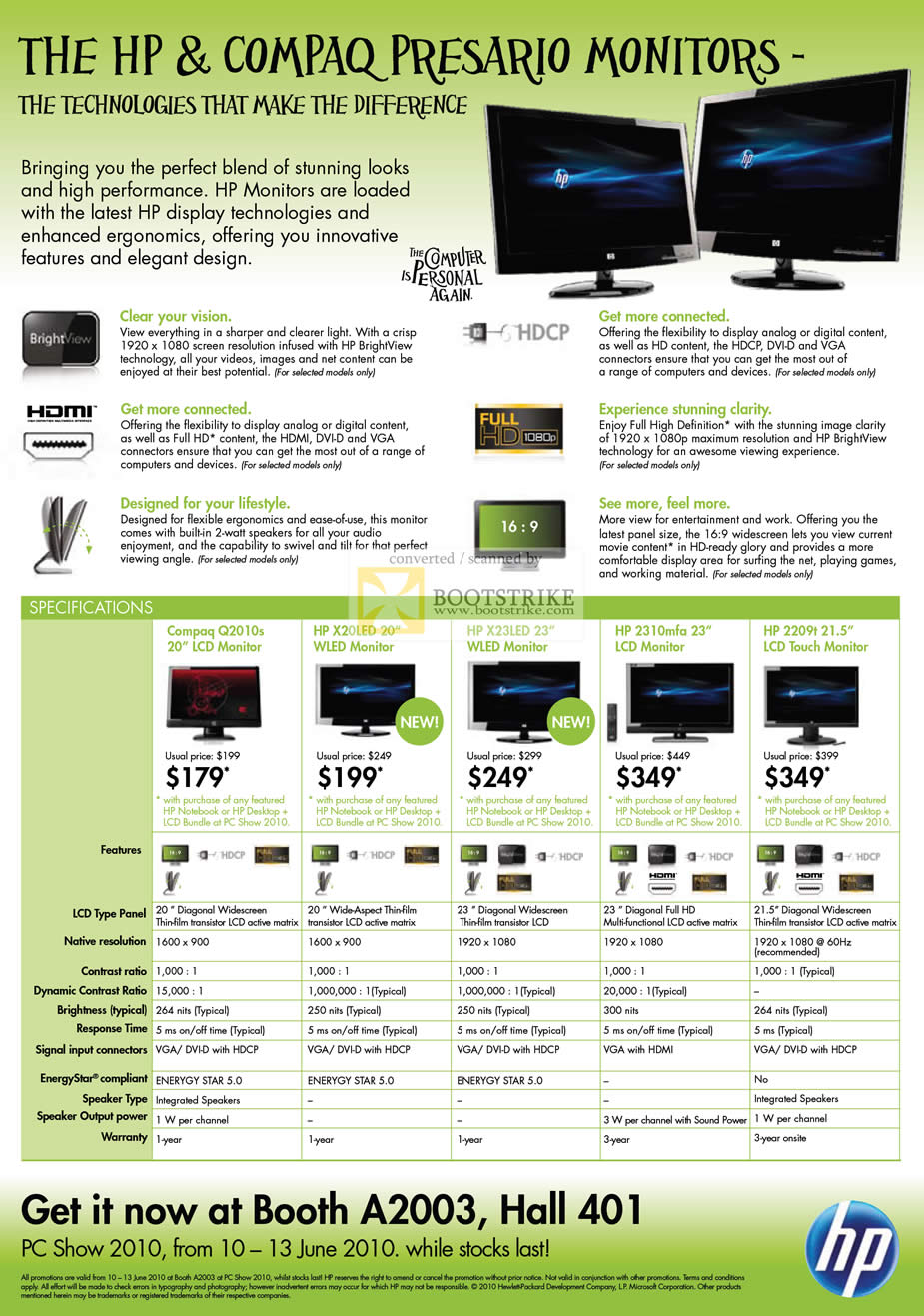 PC Show 2010 price list image brochure of HP Compaq WLED LCD Monitors Q2010s X20LED X23LED 2310mfa 2209t Touch