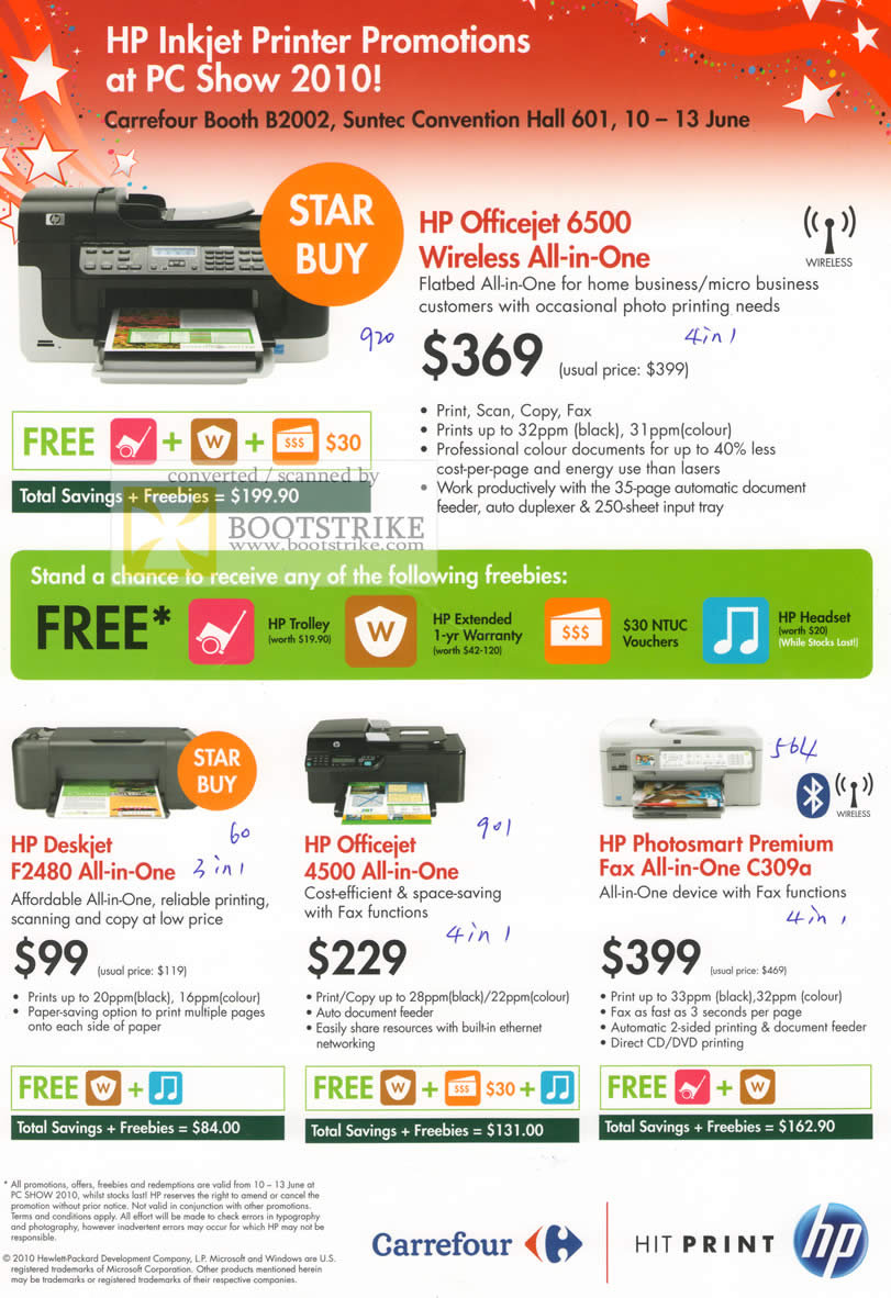 PC Show 2010 price list image brochure of HP Inkjet Printers Officejet 6500 Deskjet F2480 4500 AIO Photosmart Premium Fax C309a Carrefour