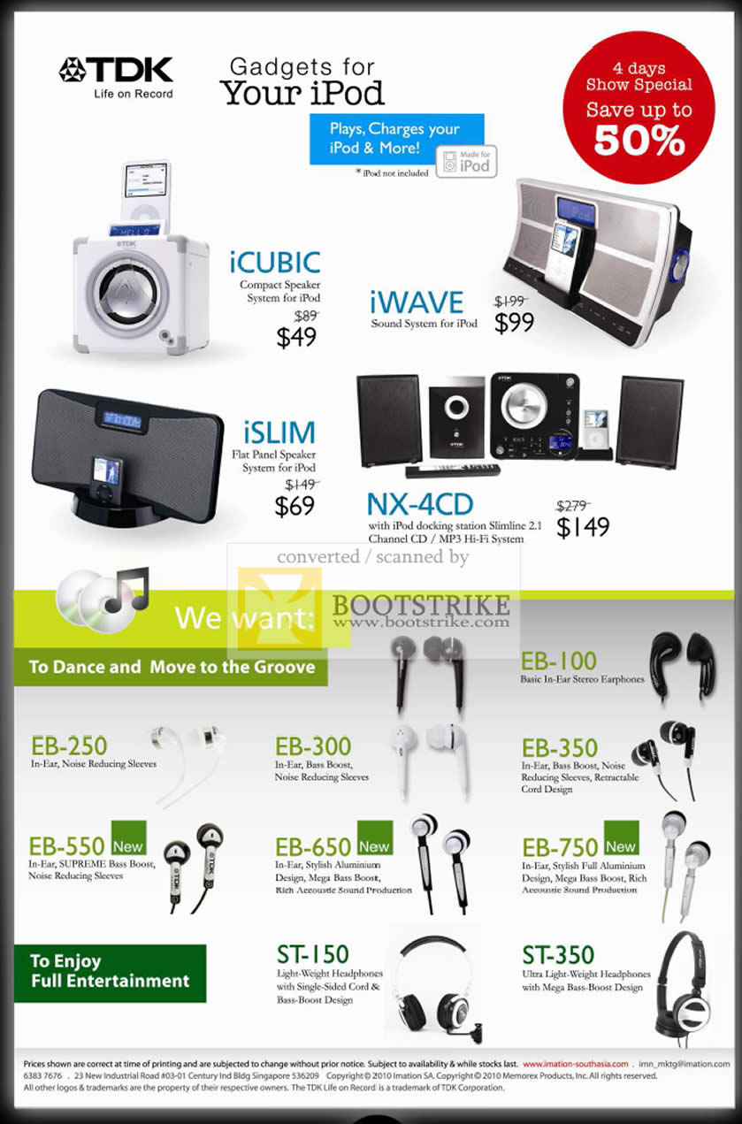 PC Show 2010 price list image brochure of Imation TDK IPod Speakers ICubic ISlim IWave NX 4CD Earphones EB 250 300 100 350 550 650 750 Headphones ST 150 350