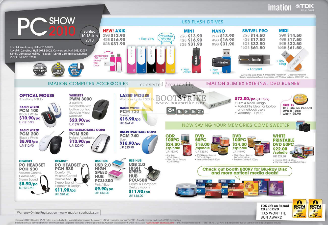 PC Show 2010 price list image brochure of Imation USB Flash Drives Mini Nano Swivel Pro Midi Mouse Wireless Headset Hub Laser External DVD CD R DVD R