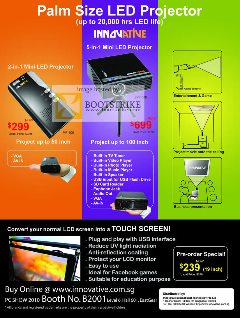 PC Show 2010 price list image brochure of Innovative Mini LED Projector MP 100 SP 1000 LCD Touchscreen Converter
