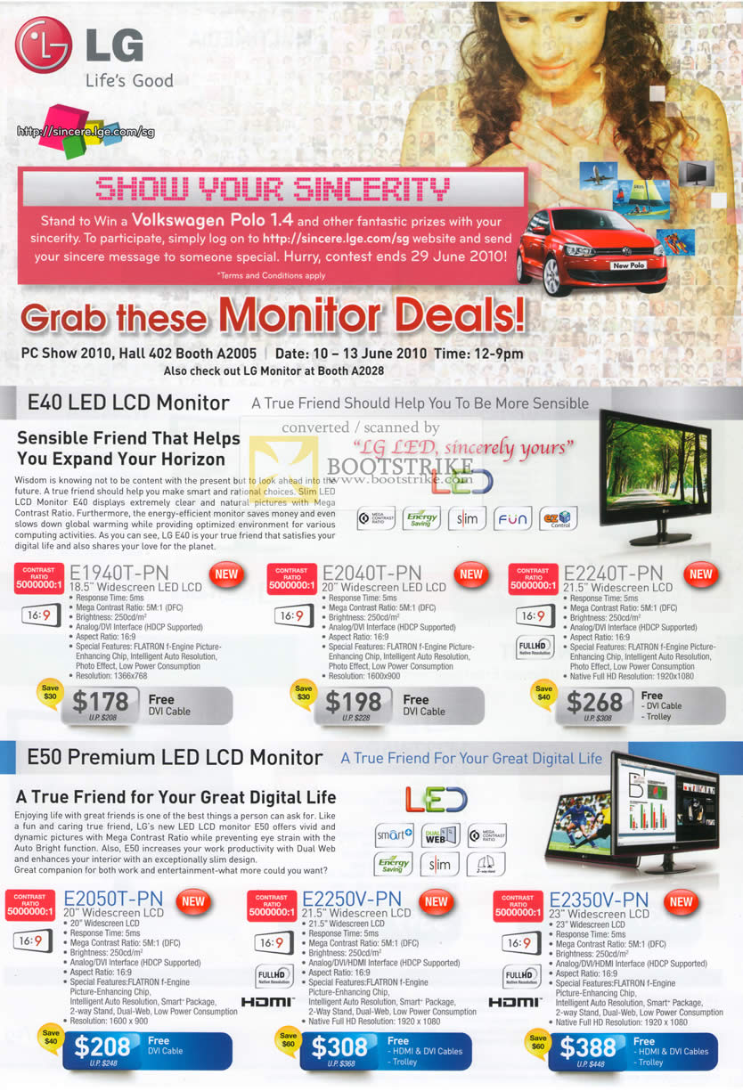 PC Show 2010 price list image brochure of LG LED LCD Monitors E40 E1940T PN E2040T E2240T E2050T E2250V E2350V E50