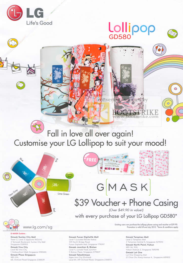 PC Show 2010 price list image brochure of LG Lollipop GF580 Mobile Phone Gmask Voucher