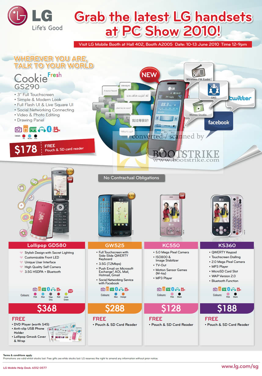 PC Show 2010 price list image brochure of LG Mobile Phones Cookie Fresh Lollipop GD580 GW525 KC550 KS360