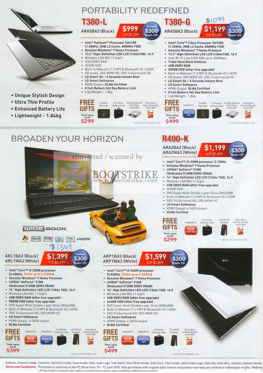 PC Show 2010 price list image brochure of LG Notebooks T380 L G R490 K