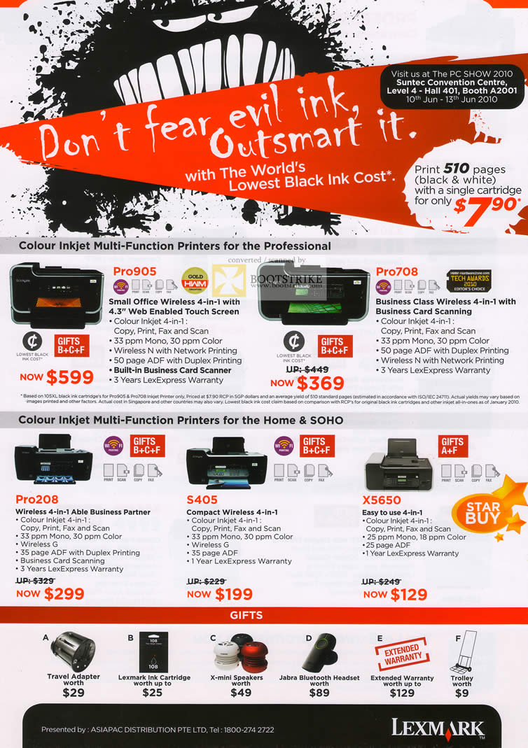 PC Show 2010 price list image brochure of Lexmark Inkjet Colour Printers Pro905 Pro708 S405 X5650