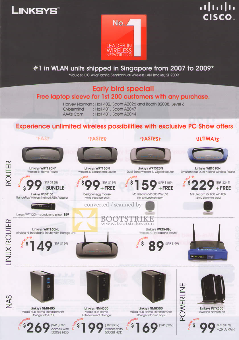 PC Show 2010 price list image brochure of Linksys Router Linux WRT120N WRT160N WRT54GL NAS NMH405 NMH305 NMH300 Powerline PLTK300