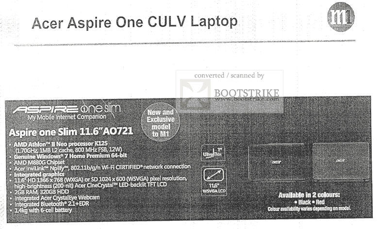 PC Show 2010 price list image brochure of M1 Aspire One Slim Mobile Internet Companion A0721 Specifications