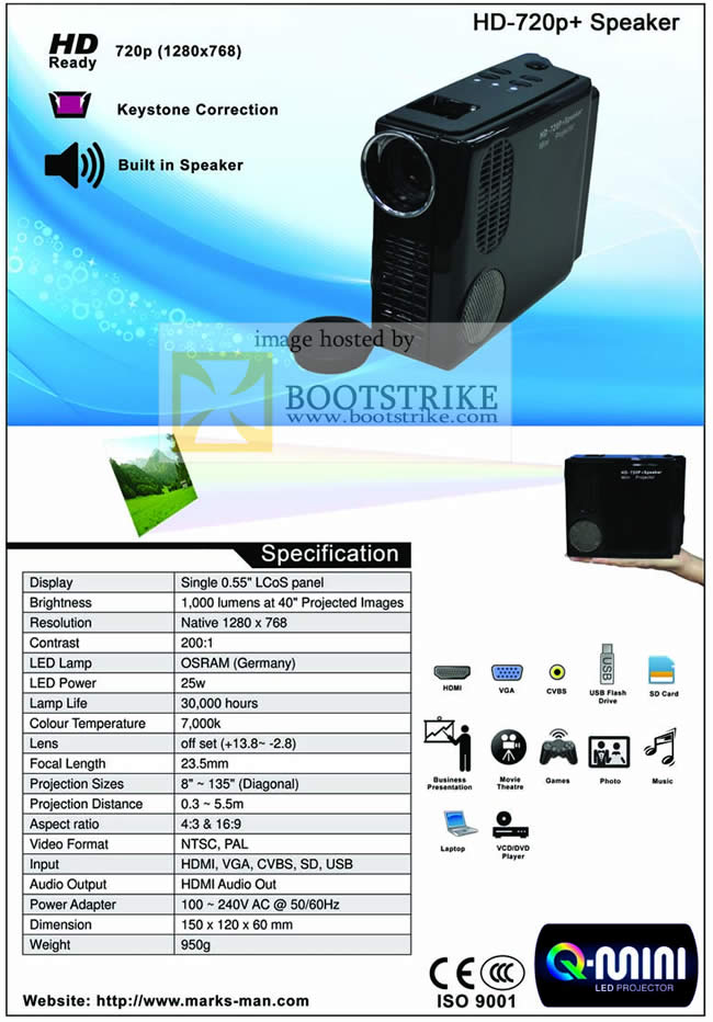 PC Show 2010 price list image brochure of Marksman Mini Projector HD 720p Specifications