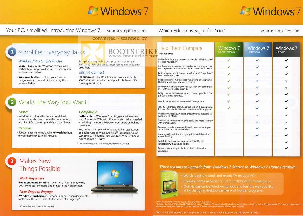 PC Show 2010 price list image brochure of Microsoft Windows 7 Editions Home Premium Professional Ultimate Comparison Chart