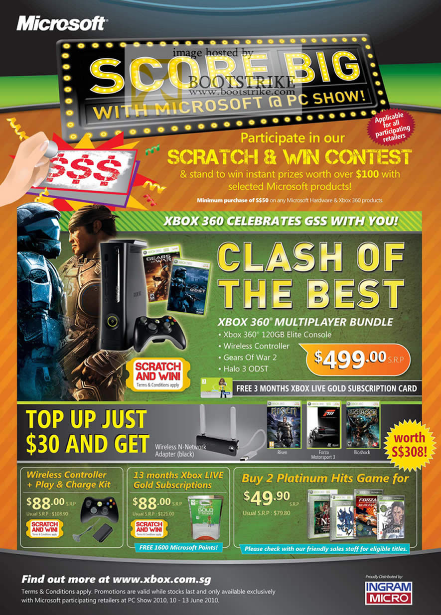 PC Show 2010 price list image brochure of Microsoft Xbox 360 Elite Console Wireless Controller Live Subscription Games